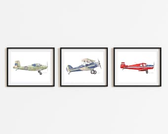 Vintage Airplane Prints Set | Watercolor Nursery Wall Art