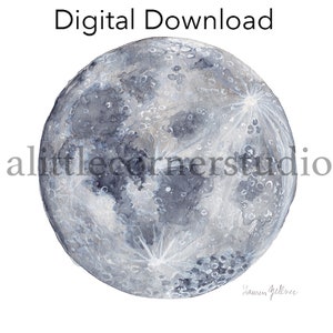 K&ouml;nnte beinhalten: Ein Aquarellbild eines Vollmonds in Graut&ouml;nen und Wei&szlig;. Der Mond hat eine detaillierte Oberfl&auml;che mit Kratern und Glanzlichtern. Das Bild ist unten rechts mit "Lauren Gillmore" signiert.