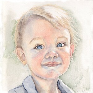 May include: A watercolor painting of a young child with blonde hair and blue eyes. The child is smiling and looking up and to the right. The background is a light green watercolor wash.
