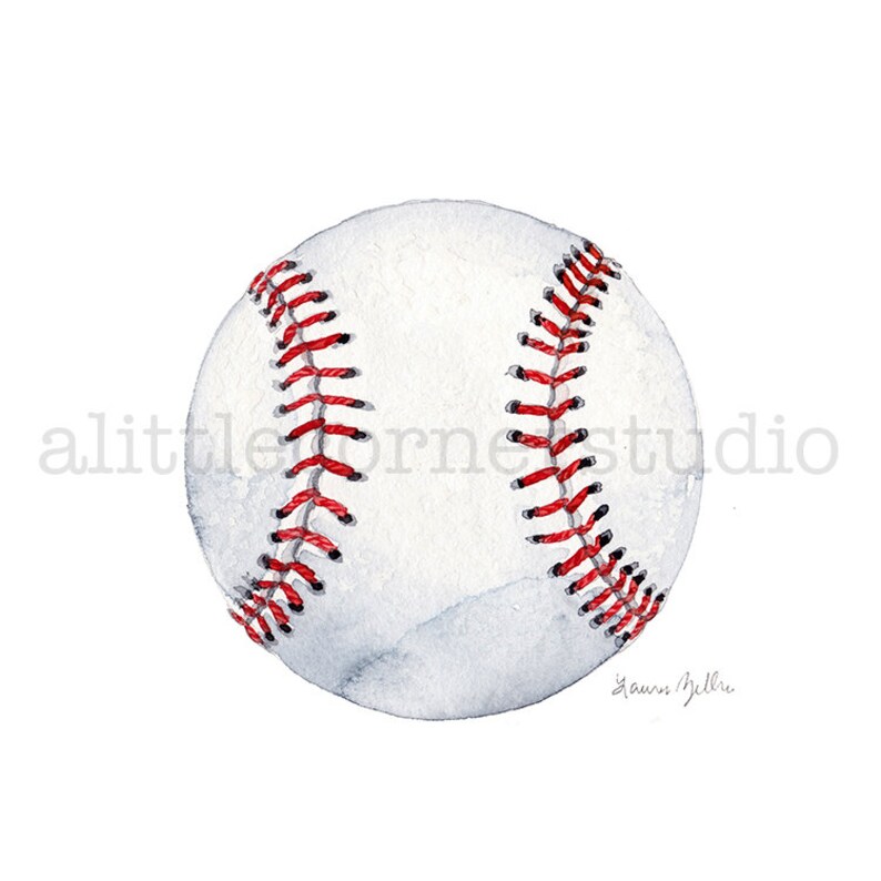 May include: A white baseball with red stitching. The baseball is painted in a watercolor style.