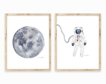 Juego imprimible de astronauta y pintura lunar / Descarga digital Juego de guardería / Arte de pared temático espacial / Decoración de la habitación infantil de estrellas y luna