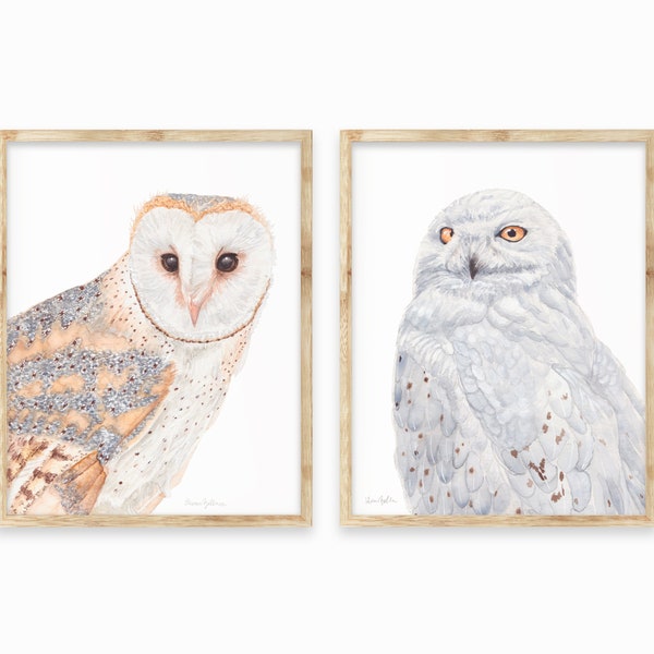 Owl Paintings | Set of 2 Fine Art Giclee Prints | Watercolor Owl Portraits | Animal Portrait Wall Art Decor | Nursery and Kid's Room,