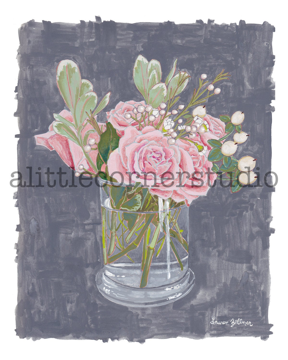 Floral Painting | Pink Roses in Glass Vase | Still Life Gouache ...