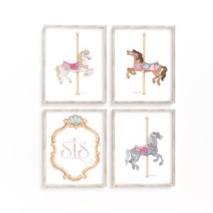 Carousel Horses | Set of 4 Watercolor Prints | Merry-go-round Wall Art for Nursery | Child Room Vintage Fair Decor