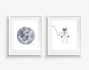 Astronaut and Moon Painting | Giclee Prints of Watercolor Space Nursery Set | Astronaut Theme Wall Art | Stars and Moon Child Room Decor