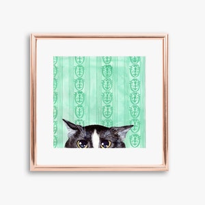 Black and White Cat, Fine Art Giclee Print of Watercolor, Gouache Painting of a Stalking Kitty Cat, &quot;Mean Kitty&quot;, Cat Art for Home, Nursery