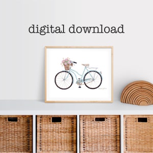印刷可能なビンテージ自転車の水彩画 | デジタルダウンロード | 花のバスケット付き自転車 | 保育室、子供部屋、寝室の壁アート
