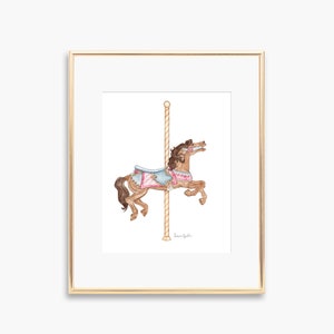 Pink and Blue Carousel Horse Painting Art Print | Watercolor Merry Go Round |Nursery Wall Art | Little Girl Room Decor