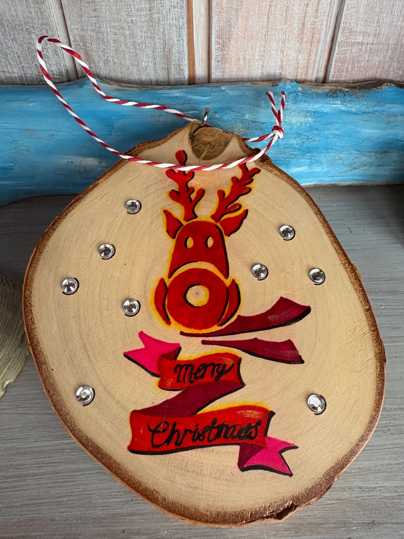 Reindeer ornament Christmas Decor Festive Home Decor Rudolf Painted Log Slice Christmas Wall Hanging Christmas Tree Decor image 20