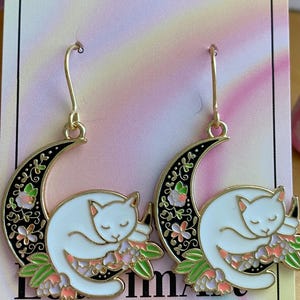 Cat On Moon Cat Earrings Moon Earrings Flower Moon Flower Cat Floral Moon Cat Lover Cat Jewellery Moon Jewellery