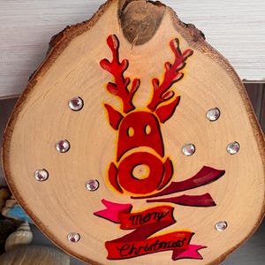 Reindeer ornament Christmas Decor Festive Home Decor Rudolf Painted Log Slice Christmas Wall Hanging Christmas Tree Decor image 17