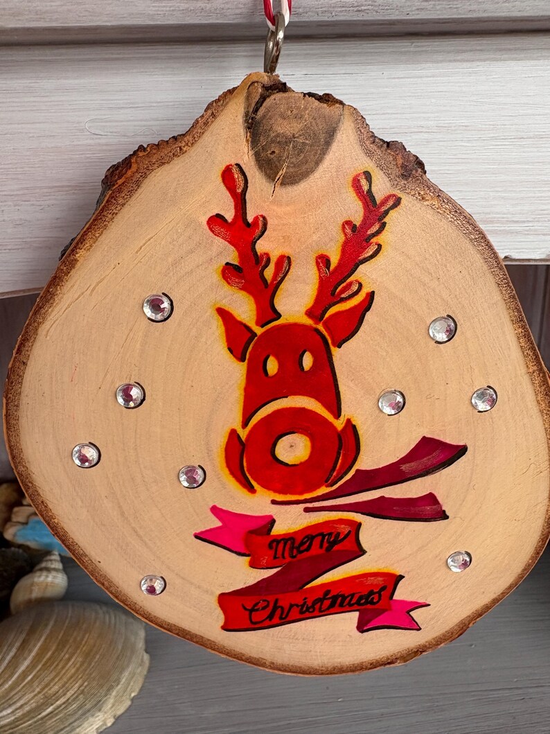 Reindeer ornament Christmas Decor Festive Home Decor Rudolf Painted Log Slice Christmas Wall Hanging Christmas Tree Decor image 17