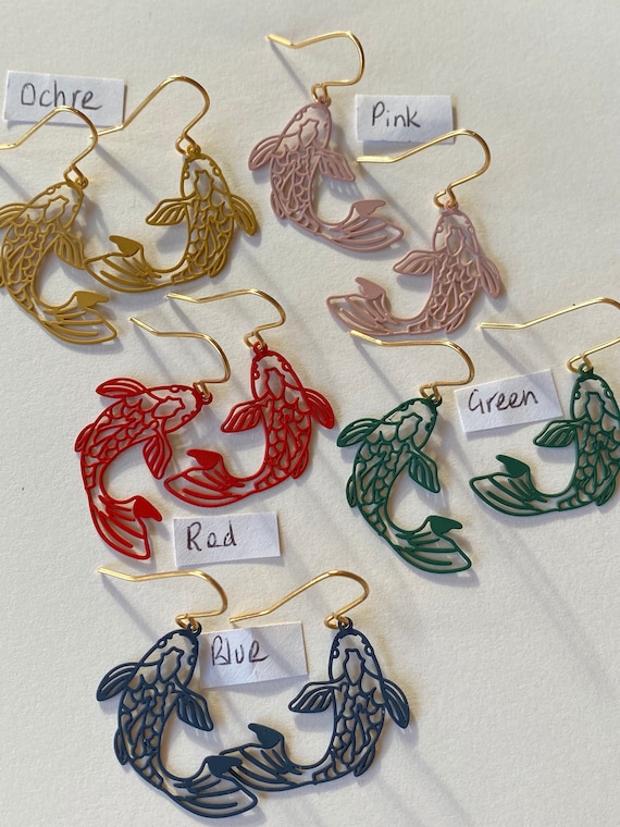 Koi Carp Earrings Fish Earrings Coloured Fish Red Fish Earrings Blue Fish Earrings Ochre Fish Earrings Pink Fish Earrings