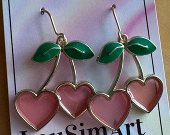 Pendientes de cereza rosa Pendientes de frutas Frutas de verano Pendientes de corazón rosa Pendientes de corazón de amor Cerezas rosas Corazones rosas Cerezas rosas