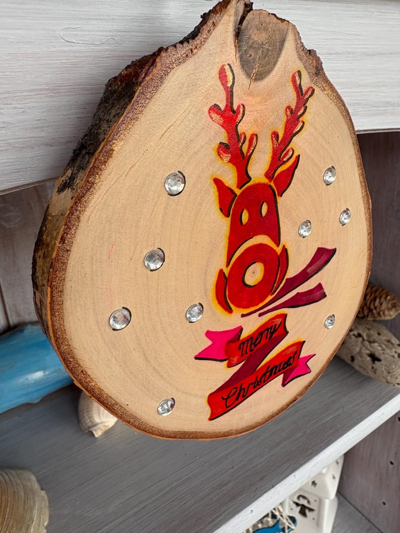 Reindeer ornament Christmas Decor Festive Home Decor Rudolf Painted Log Slice Christmas Wall Hanging Christmas Tree Decor image 14