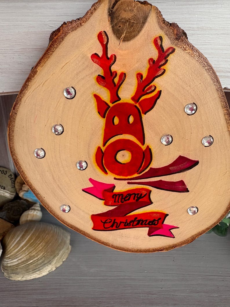 Reindeer ornament Christmas Decor Festive Home Decor Rudolf Painted Log Slice Christmas Wall Hanging Christmas Tree Decor image 16