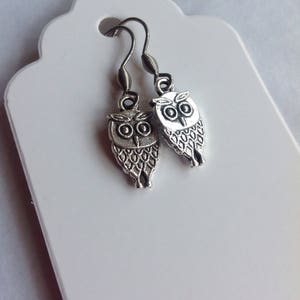 Pode incluir: Um par de brincos de prata em forma de coruja com designs detalhados. Os brincos t&ecirc;m um fecho de gancho e est&atilde;o pendurados em uma etiqueta branca.