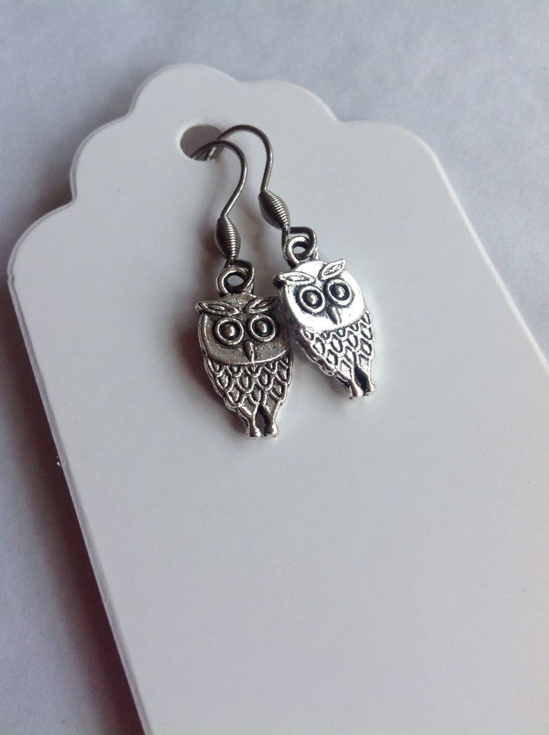 Pode incluir: Um par de brincos de prata em forma de coruja com designs detalhados. Os brincos t&ecirc;m um fecho de gancho e est&atilde;o pendurados em uma etiqueta branca.