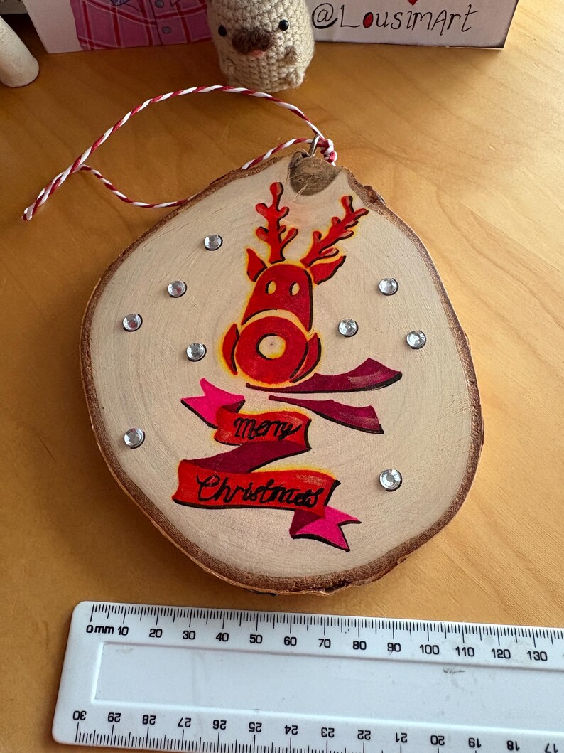Reindeer ornament Christmas Decor Festive Home Decor Rudolf Painted Log Slice Christmas Wall Hanging Christmas Tree Decor image 11