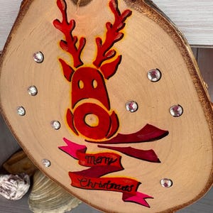 Reindeer ornament Christmas Decor Festive Home Decor Rudolf Painted Log Slice Christmas Wall Hanging Christmas Tree Decor image 19