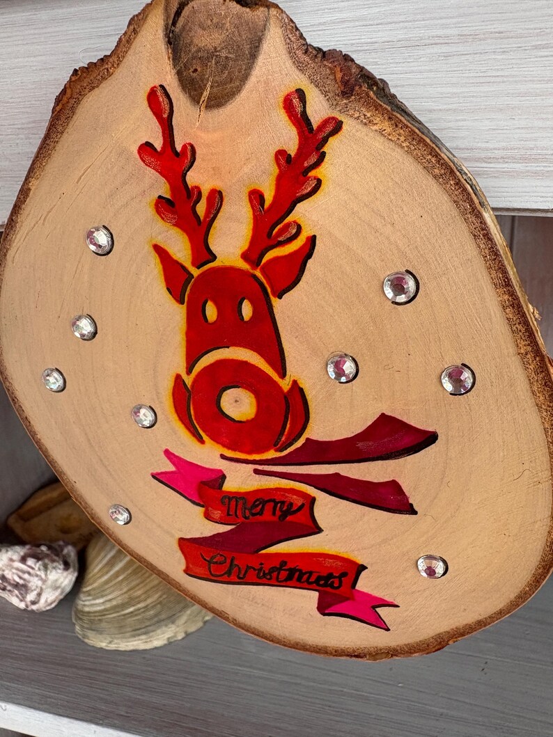 Reindeer ornament Christmas Decor Festive Home Decor Rudolf Painted Log Slice Christmas Wall Hanging Christmas Tree Decor image 19
