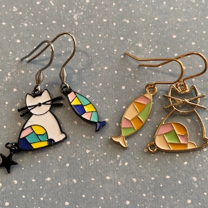 White Cat Earrings Cat Fish Earrings Cat Lover Earrings Fish Lover Earrings Coloured Cat Earring Coloured Fish Earrings Quirky Cat Earrings