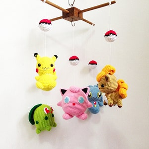 Crib mobile Pokemon set Pikachu, Chikorita, Vulpix, Jigglypuff, Manaphy crochet baby mobile, nursery decor, crochet mobile,baby gift image 1