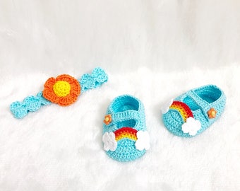 Crochet Rainbow shoes and headband set  - Baby headband - Crochet shoes - Baby Shoes - Baby girl shoes - photo shoot