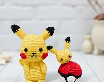 かぎ針編みのピカチュウとモンスターボールセット、ポケモン編みぐるみ
