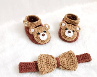 Crochet Baby Cutie Bear shoes and headband set  - Baby headband - Crochet shoes - Baby Shoes - Baby girl set - Baby girl shoes- photo shoot