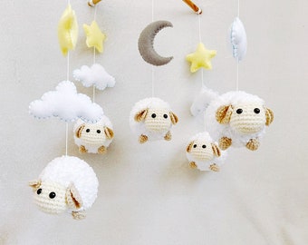 Baby mobile - Niedliche Schaf Mond Sterne & Wolke, Schaf Baby Mobile, Häkel mobile, Kinderzimmer Dekor, Geschenk, Gehäkelt Amigurumi, Filz mobile