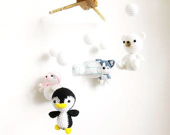 Crochet Baby mobile - North Pole Baby mobile, Nursery decor,gift, Amigurumi Siberian Husky, Seal, Igloo, Penguin, Polar Bear crib mobile