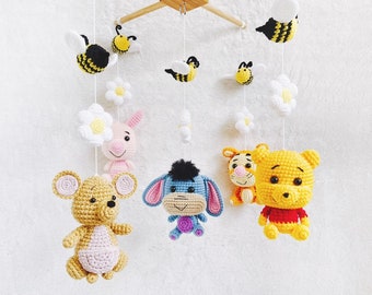 Winnie the Pooh Mobile, pooh bear woodland mobile, crochet mobile,  Baby Crib Mobile, Nursery mobile