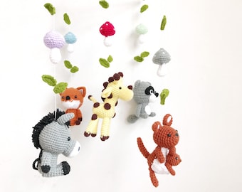 woodland mobile, forest animal mobile, baby mobile, forest creatures mobile, raccoon, kangaroo, giraffe, donkey, fox,