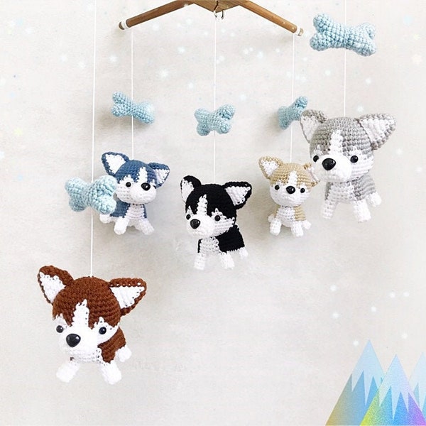 Siberian husky Puppy Crochet Baby Mobile, Dog baby mobile, Nursery decor,Dog crochet mobile, siberian husky baby mobile, Baby Shower Gift