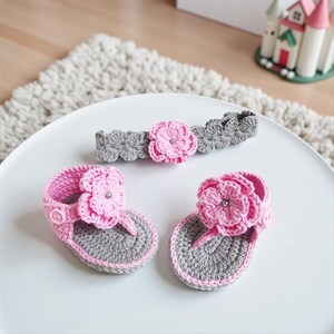 Crochet Baby Shoes and Headband Set: Pink & Gray Cotton
