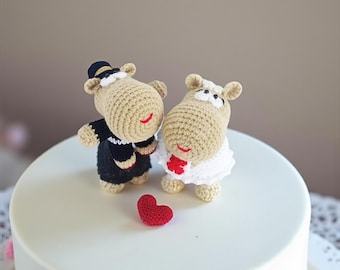 Crochet Hippopotamus Wedding Cake Topper: Bride and Groom