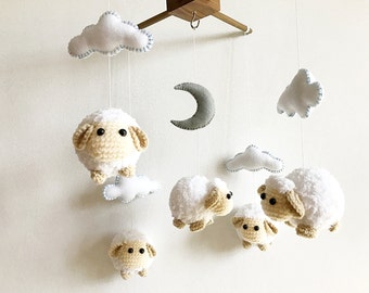 Baby mobile - Cute Sheep Moon & Cloud, Sheep baby mobile, crochet mobile, Nursery decor, Gift, Baby gift, Crochet amigurumi, felt mobile