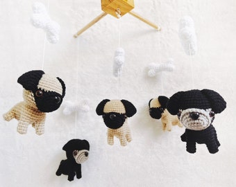 Black and Beige Pugs Puppy Crochet Baby Mobile, Dog baby mobile, Nursery decor, Dog crochet mobile, Pug baby mobile, Baby Shower Gift