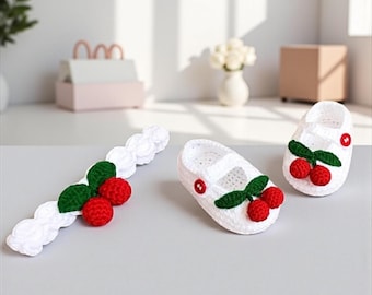 Crochet Cherry Baby Shoes & Headband Set: Cotton Soft Yarn
