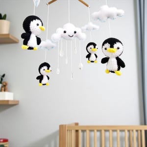 Crochet Baby mobile - Penguins, Cloud & Rain drop in the North Pole  Amigurumi, Nursery decor, Baby gift, Crochet Penguin, Baby crib mobile
