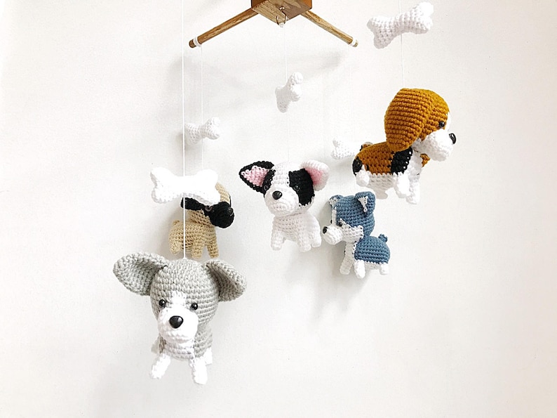 Cute Puppy Crochet Baby Mobile, Dog baby mobile, Beagle, siberian husky, Pug, Chihuahua, Bull dog, Nursery Decor, Baby gift image 10