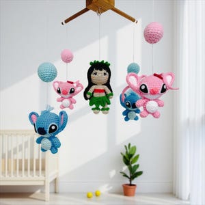 Baby Mobile, Lilo and Stitch with Angel crib mobile, Amigurumi baby mobile, Nursery decor, crochet mobile, Handmade baby mobile, Baby Gift