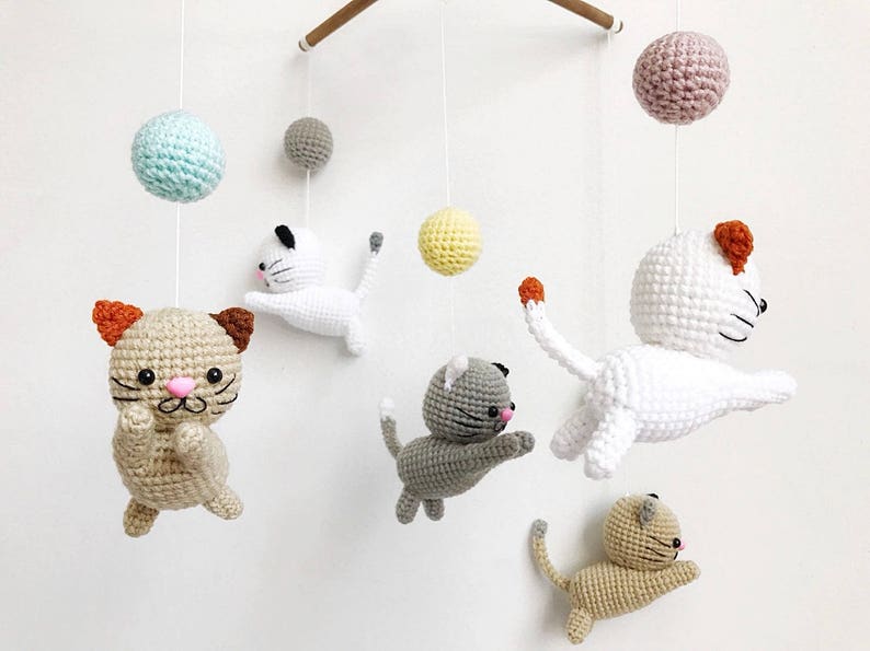 Crochet Baby Mobile Meow Meow Kitten, Cat baby mobile,Cat crochet mobile, Kitten, Baby Crib Mobile, Nursery crib mobile image 3