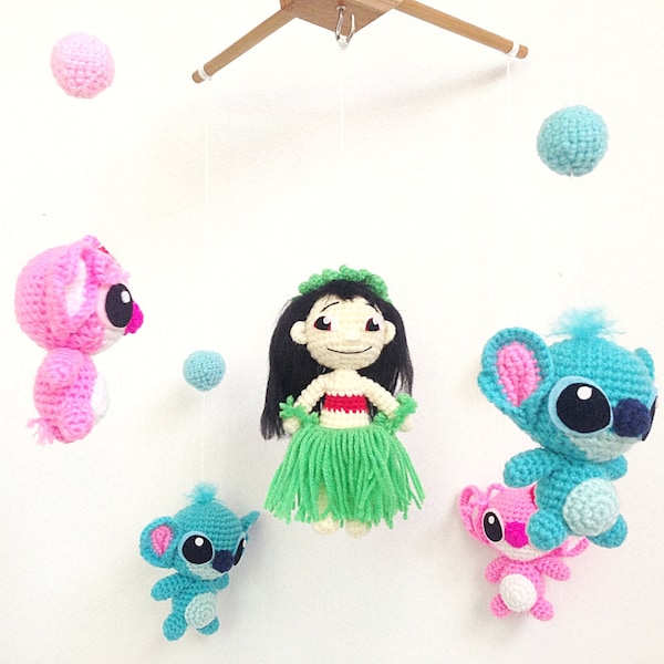 Baby Mobile, Lilo and Stitch with Angel crib mobile, Amigurumi baby mobile, Nursery decor, crochet mobile, Handmade baby mobile, Baby Gift
