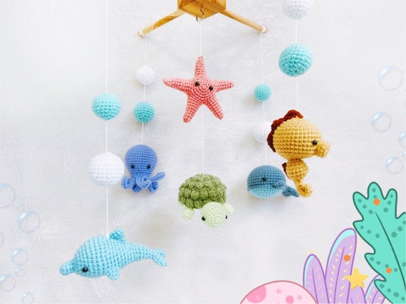 Mobile Bébé Animaux Marins - Cloche Berceau Thème Océan Avec Baleines - Bois Naturel - Jouet Apaisant Pour Sommeil Bébé