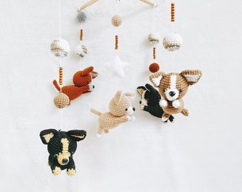 Jumping Dogs Crochet Baby Mobile, Dog baby mobile, Nursery decor, Dog crochet mobile, Puppy baby mobile, Baby Shower Gift