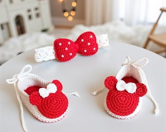 Crochet Baby Minnie shoes and headband set  - Baby headband - Crochet shoes - Baby Shoes - Baby girl set - Baby girl shoes- photo shoot