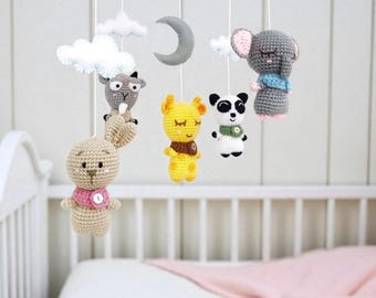 Woodland Baby Mobile: Hand Crocheted Forest Animals, Teak Hanger