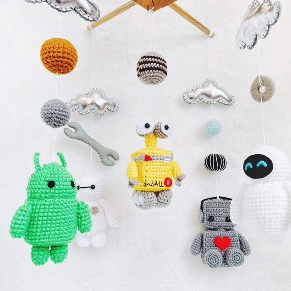 Baby mobile - Crochet Robot set Wall- E, Eve, Baymax, Android, Sweet robot mobile, nursery decor, baby crib mobile, crib mobile, gift,